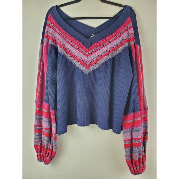 Free People Small Copenhagen Thermal Top Balloon Sleeve Oversized Waffle Knit - Picture 3 of 11